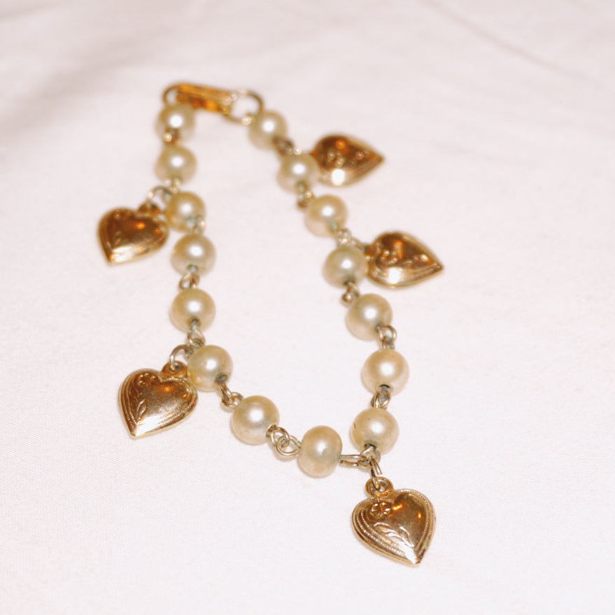 Vintage Pearl Heart Charm Bracelet