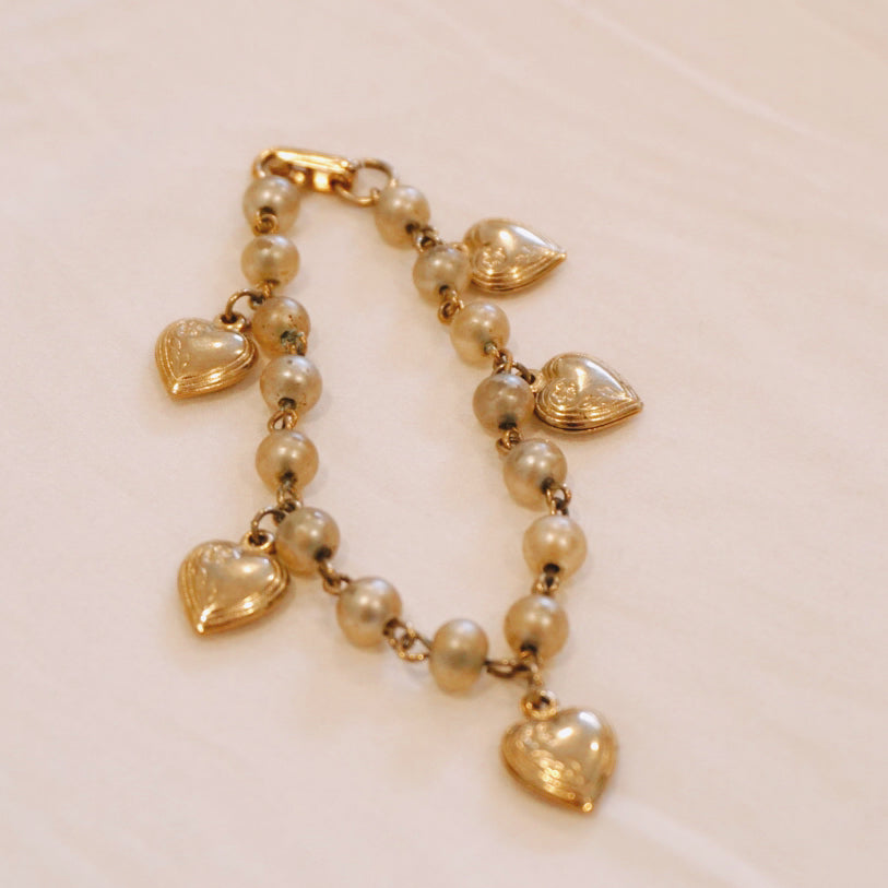 Vintage Pearl Heart Charm Bracelet