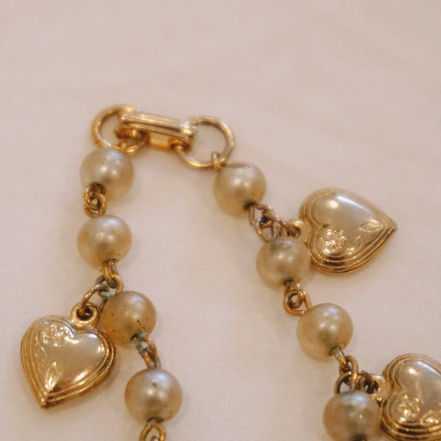 Vintage Pearl Heart Charm Bracelet