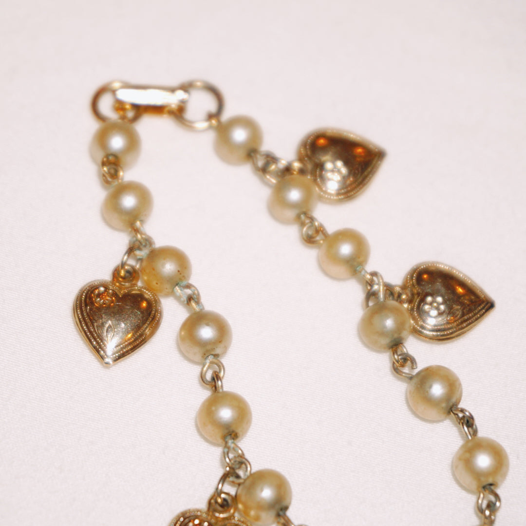 Vintage Pearl Heart Charm Bracelet