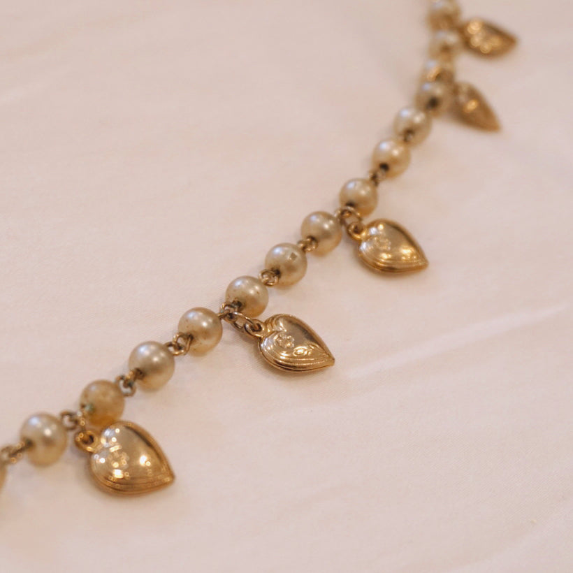 Vintage Pearl Heart Charm Bracelet